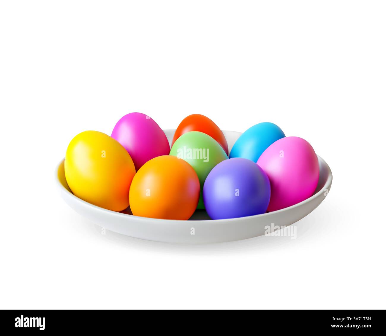 3d colorful easter eggs in plate isolated on white Stock Vector