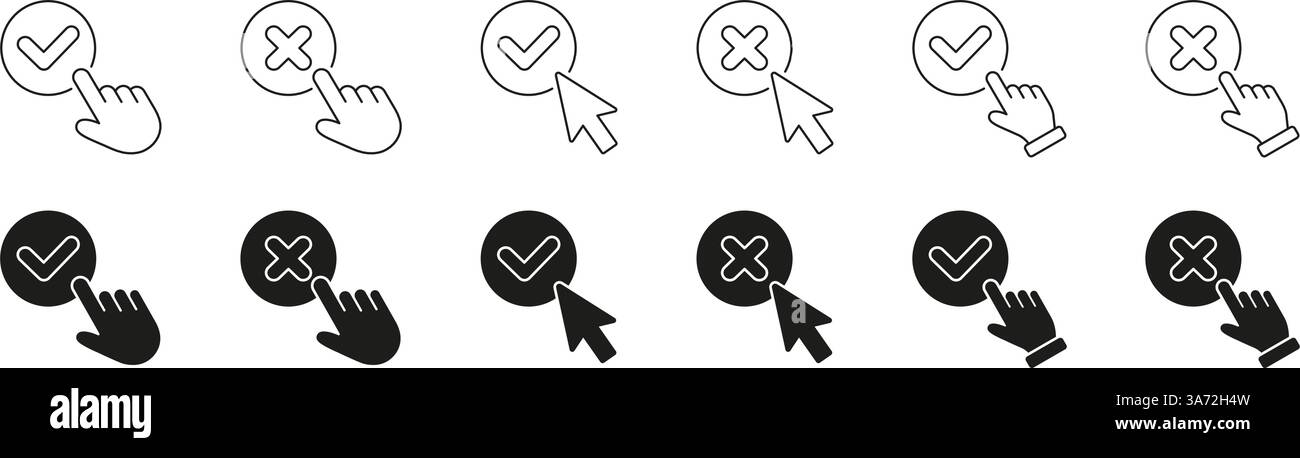 Check And Cross Mark Interaction Line And Solid Icon Set. Click And ...