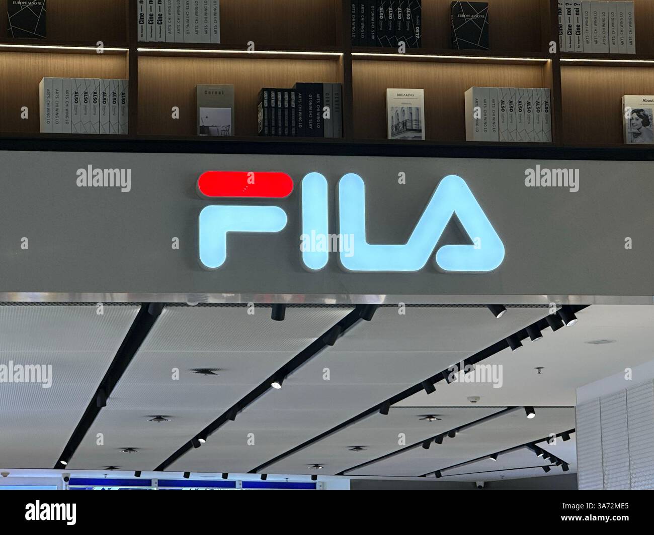 Nanning, China - Nov 11, 2023. Fila store logo. Fila is a South Korean owned athleisure brand headquartered in Seoul. - Smartphone Captured Stock Image Nanning, China - Nov 11, 2023. Fila store logo. Fila is a South Korean owned athleisure brand headquartered in Seoul. - Smartphone Captured Stock Image
