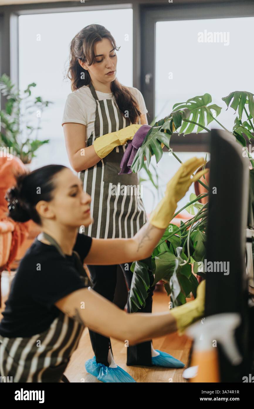 Two Women Cleaning Indoor Spaces Wearing Aprons and Gloves in a Bright ...