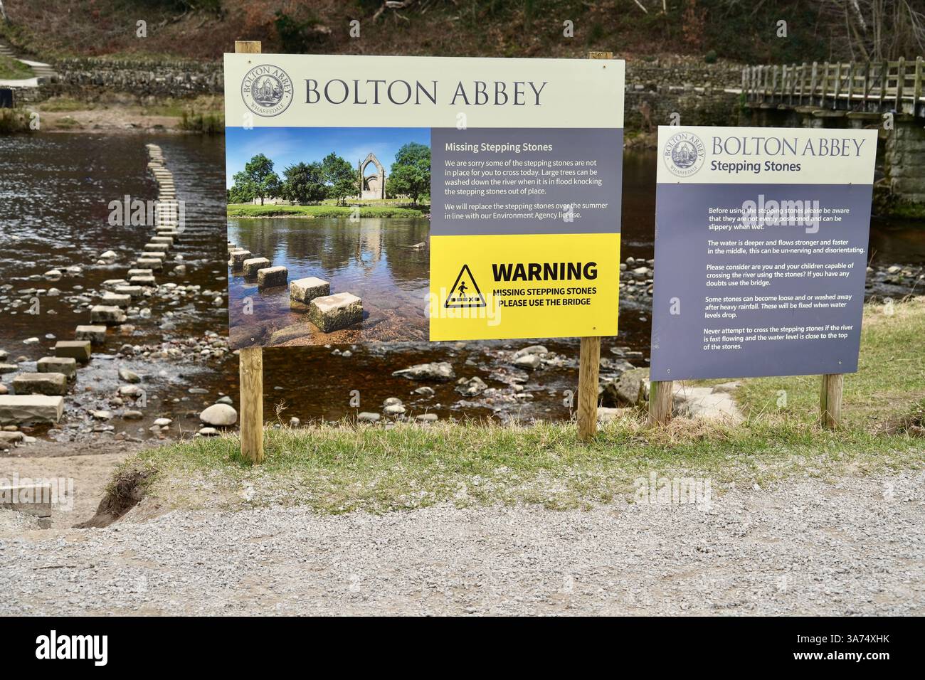 Guide Signs For Rivers Information signs by The Stepping Stones with the river Wharfe behind ...
