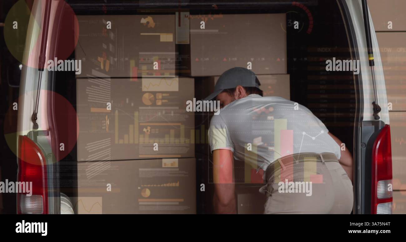 Image of financial data processing over delivery man unloading car outside of warehouse Stock Photo