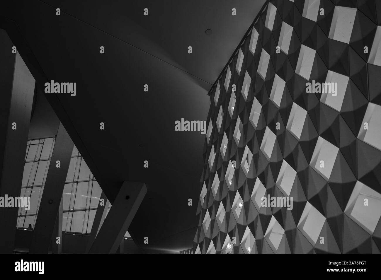 Geometric shapes inside the Oslo opera house, black and white Stock ...