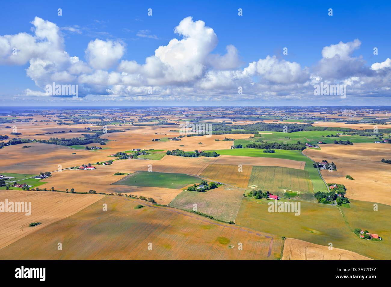 Aerial view over agricultural wheat fields, meadows, farmland and farms in Skåne län / Scania County, southernmost province of Sweden, Scandinavia Stock Photo