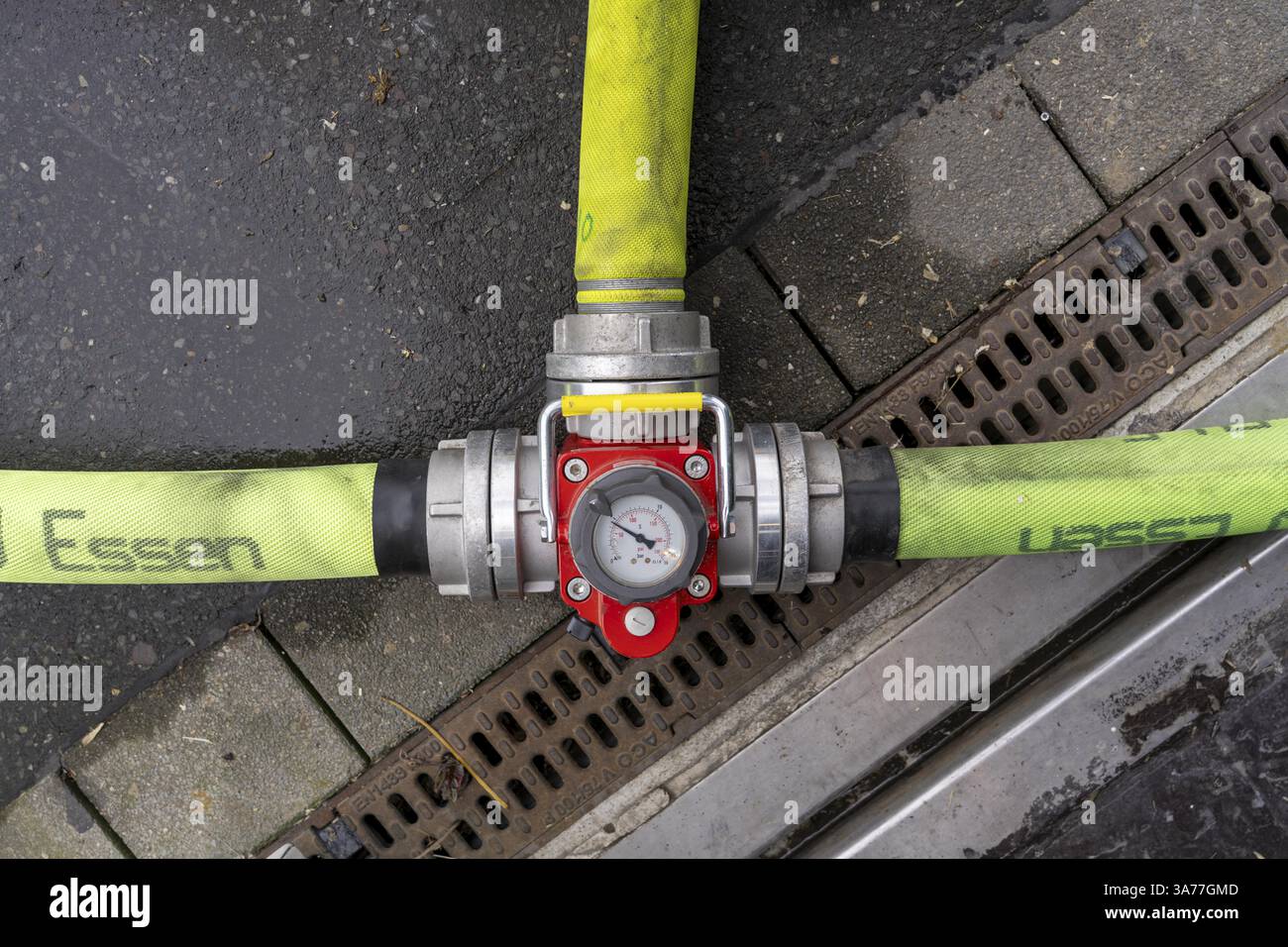 Fire engine, HLF, rescue fire fighting vehicle, fire engine with additional equipment for technical assistance, details, C-hose distributor with press Stock Photo