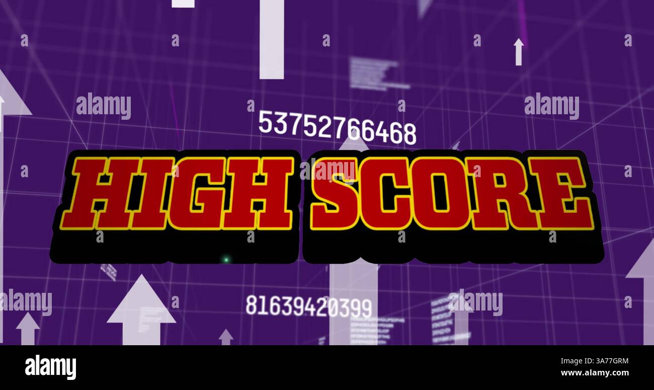 Image of high score text and arrows over grid and data processing Stock Photo