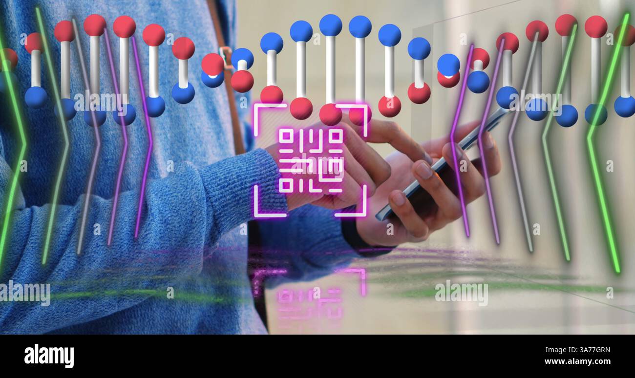 Neon qr code scanner and dna structure spinning against mid section of ...