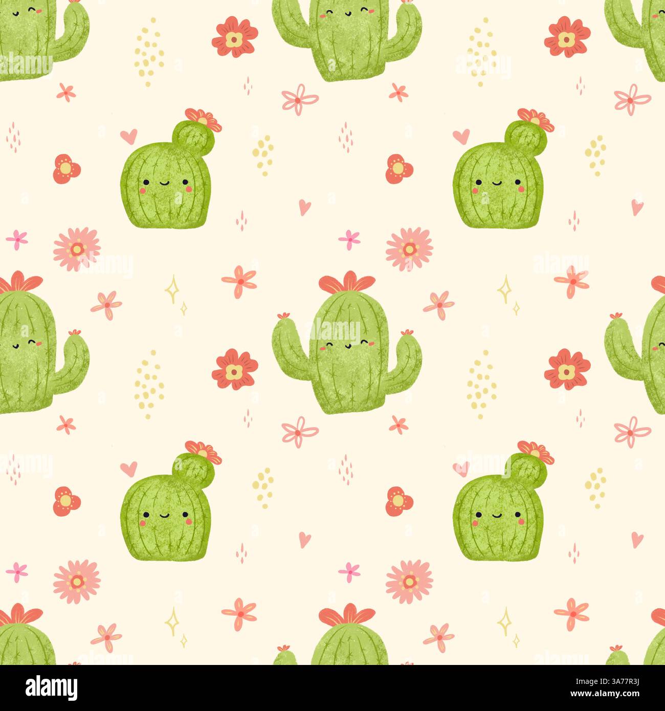 Seamless pattern with hand drawn cute cactuses Stock Photo - Alamy