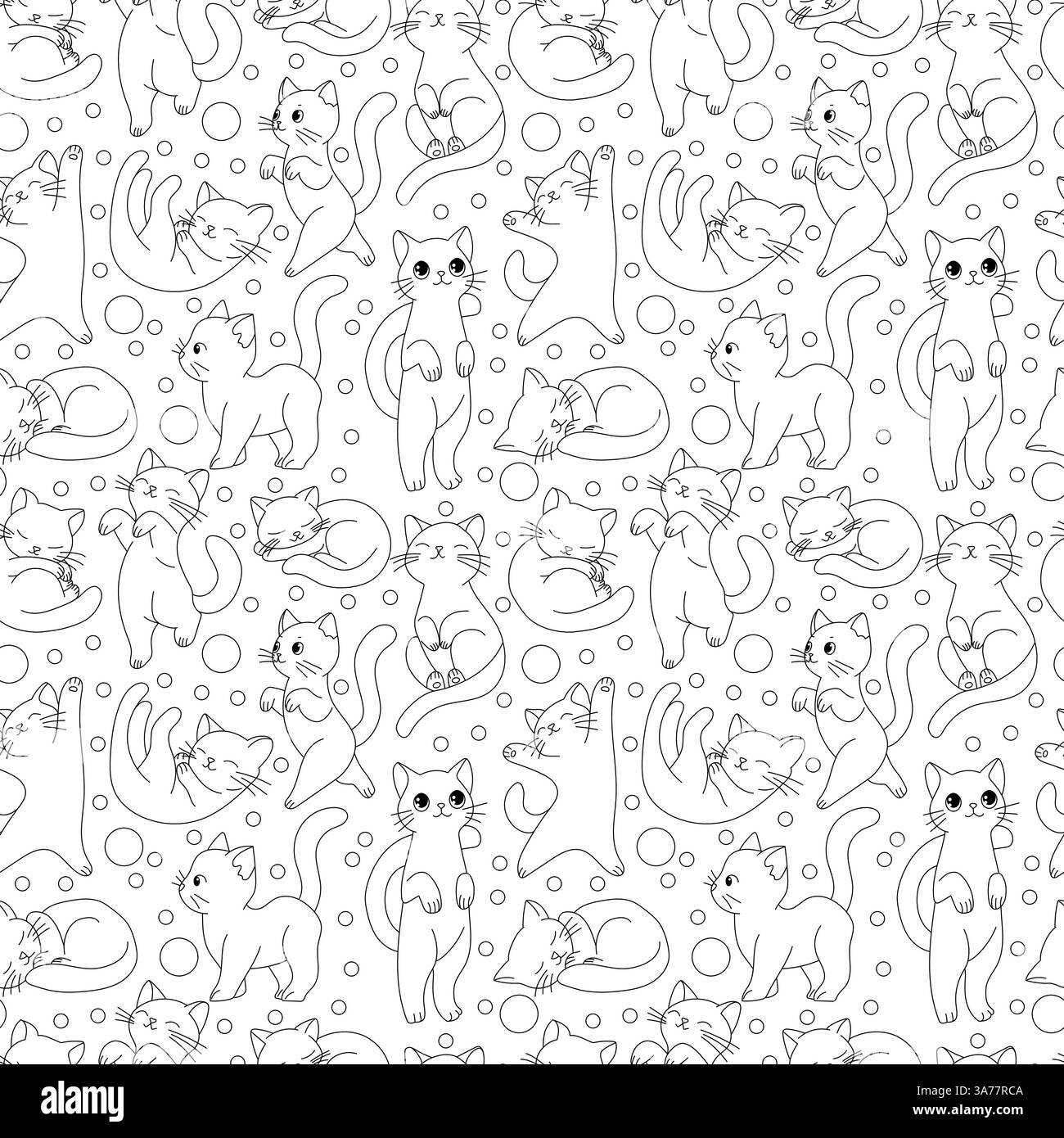 Seamless pattern with doodle cats in different poses. Stock Vector
