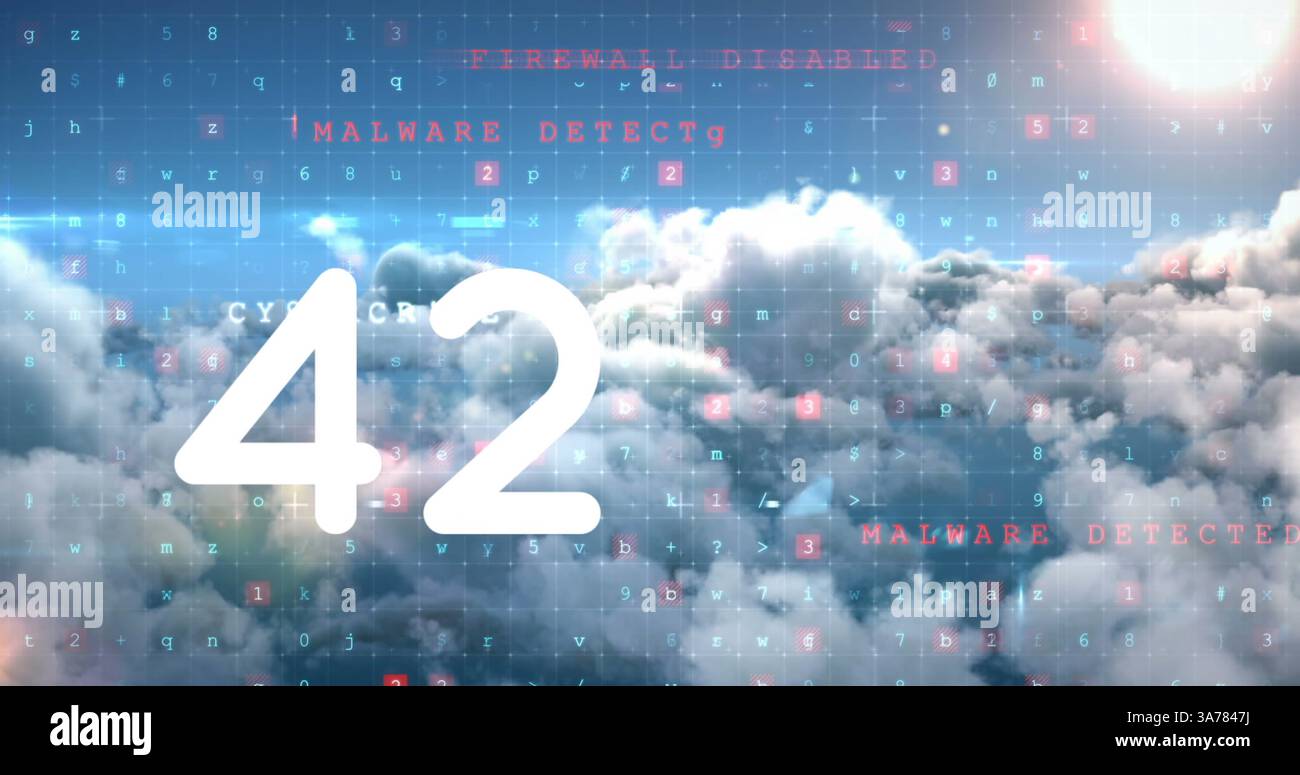 Digital security concept with clouds and numbers, highlighting malware detection Stock Photo