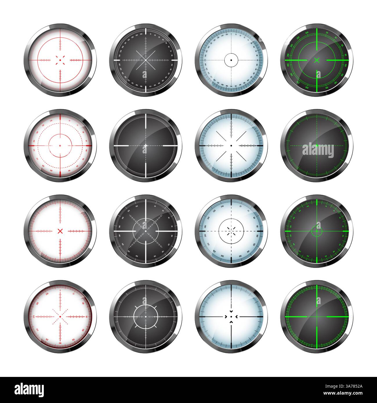 Chrome weapon sights, sniper rifle optical scopes. Hunting gun ...
