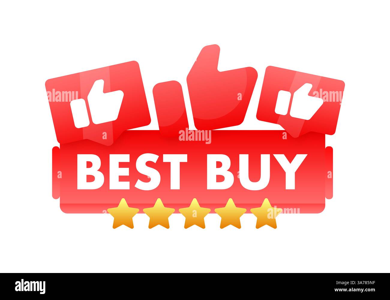 Red vector banner with BEST BUY text, thumbs up icons and golden stars ...