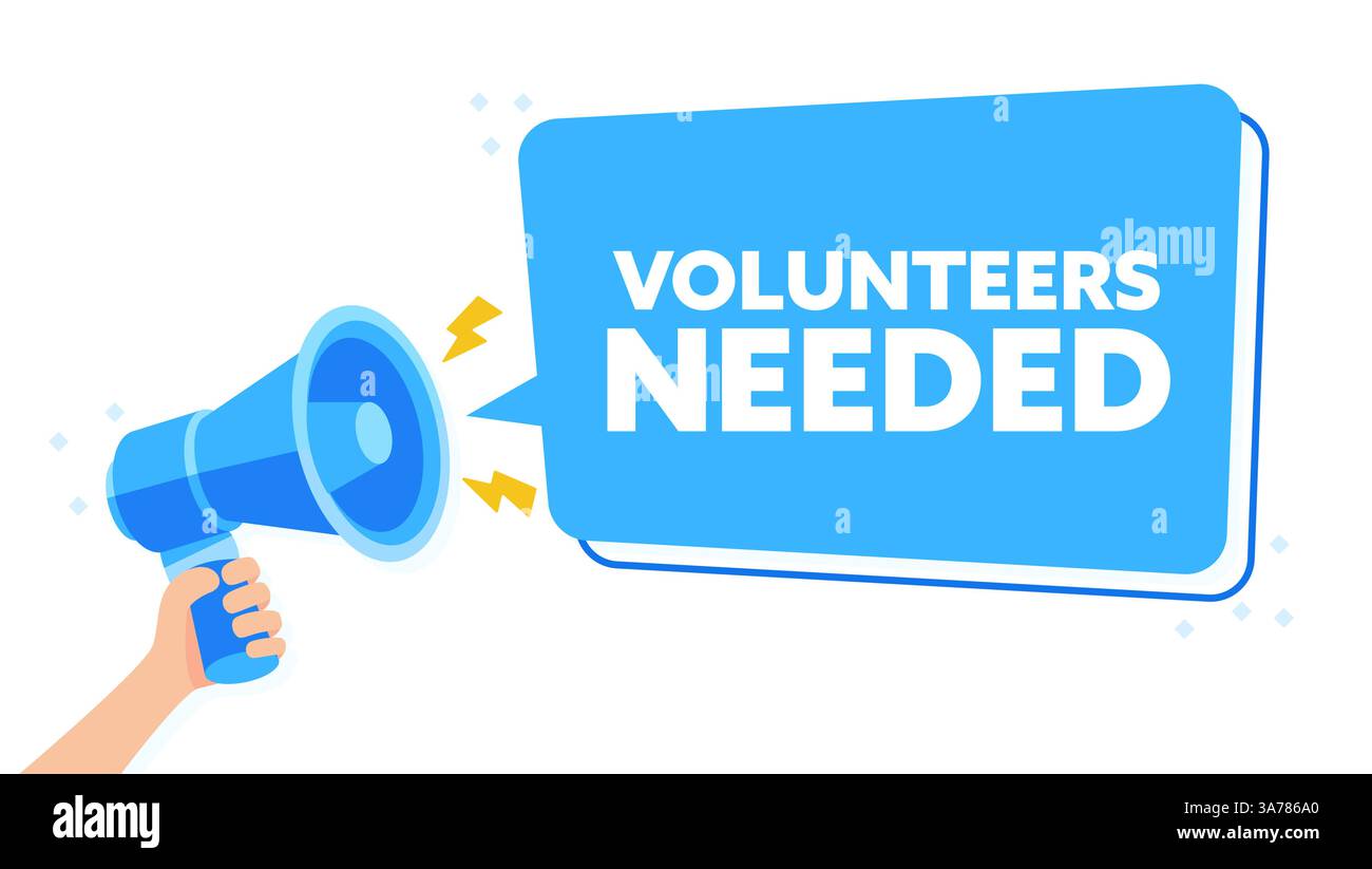 Engaging Blue Megaphone Illustration for VOLUNTEERS NEEDED with Hand Holding Announcement Sign Stock Vector