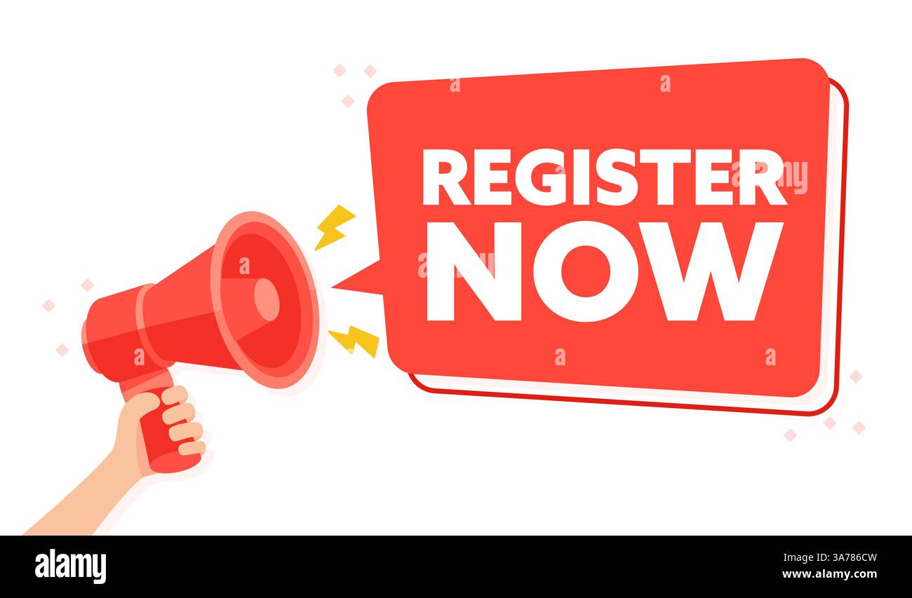 Immediate Action Required Red Megaphone Announcing Register Now Call to Action Vector Illustration Stock Vector