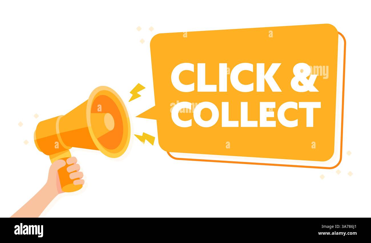 Hand Held Orange Megaphone Announcing Click Collect Service Vector Illustration Stock Vector