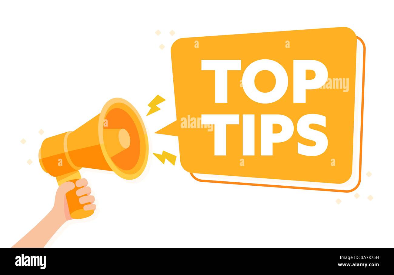 Hand Held Orange Megaphone Announcing Top Tips in a Speech Bubble Vector Illustration Stock Vector