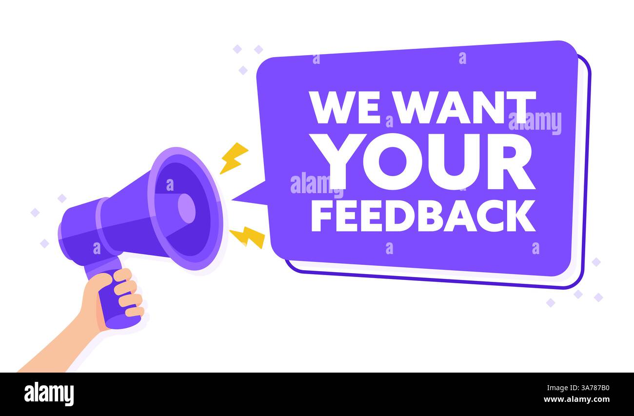 Invitation for User Engagement with Hand Held Megaphone We Want Your Feedback Vector Graphic Stock Vector