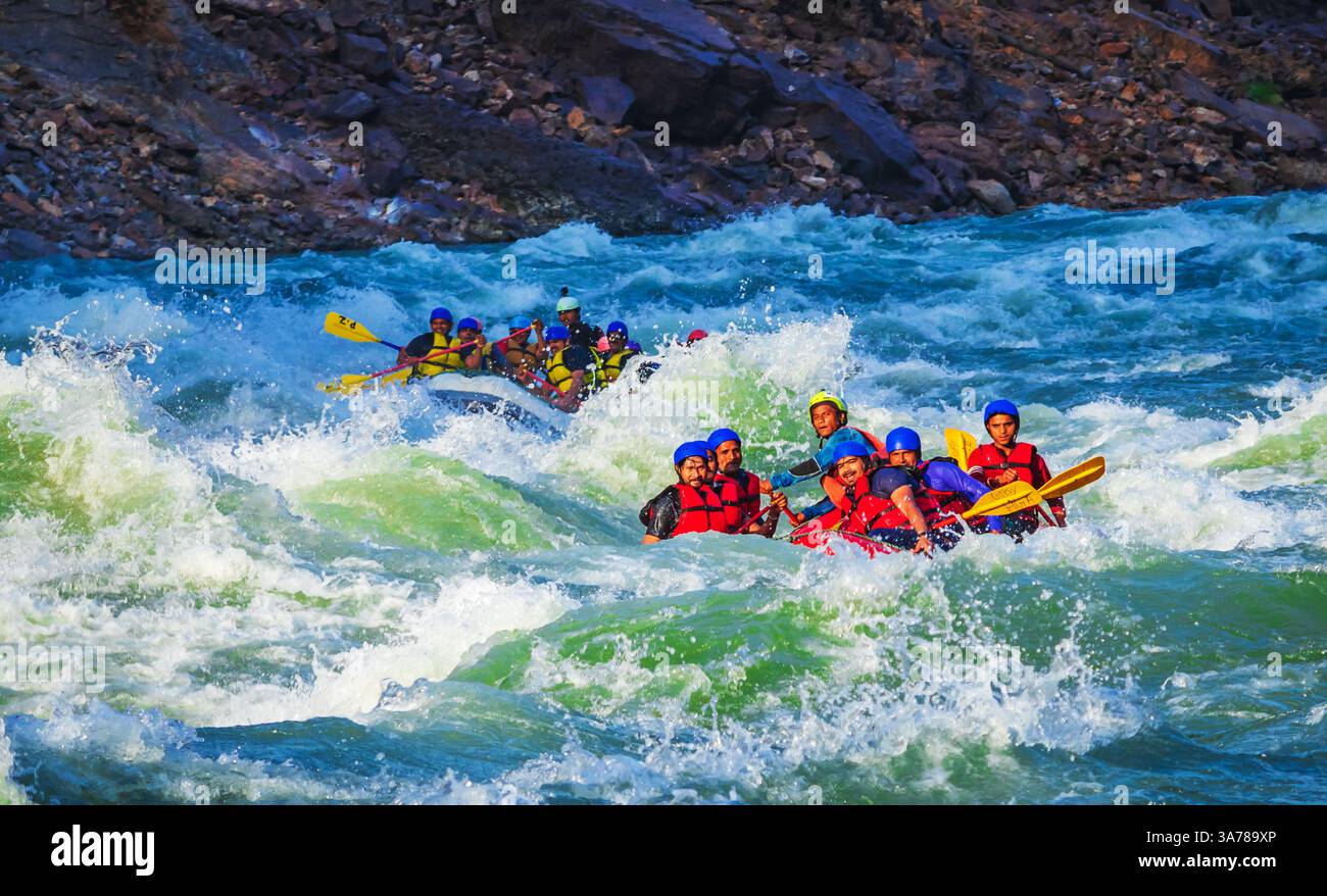River Rafting In Rishikesh people enjoying river rafting in Rishikesh India on Ganges river Stock ...