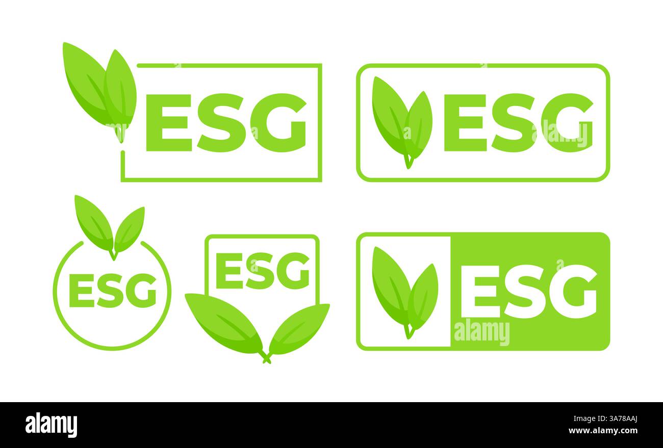 Set of green ESG Environmental, Social, Governance labels with leaf ...