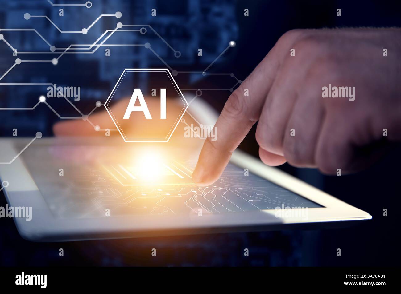 Artificial intelligence. Circuit board scheme with AI abbreviation and man using tablet on dark background, closeup Stock Photo