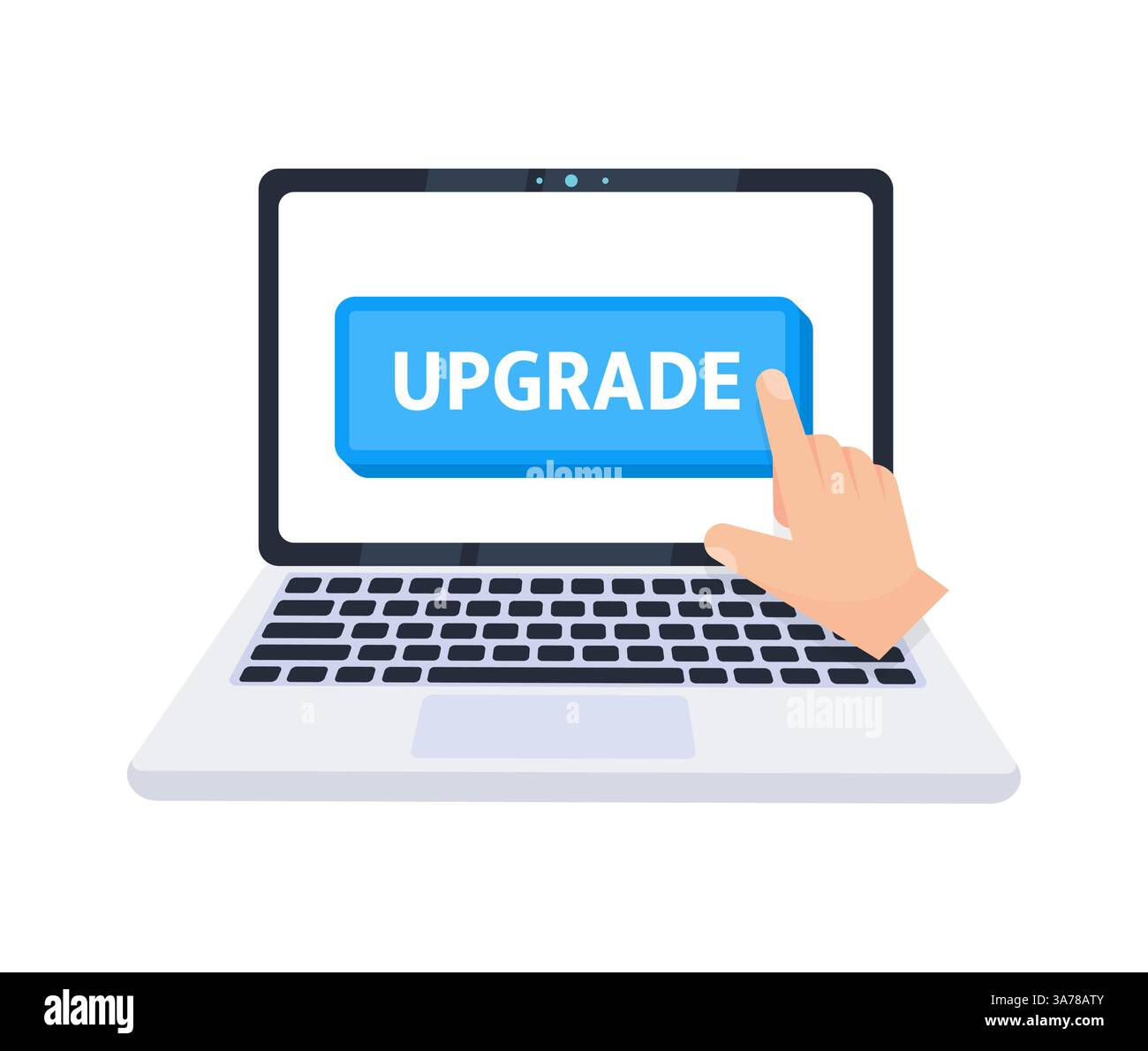 Hand pointer clicking on a upgrade button on a laptop screen. Vector illustration Stock Vector