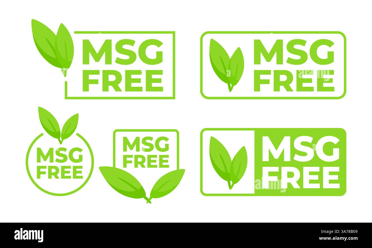 Set of green labels with MSG Free text and a leaf symbol, for products ...