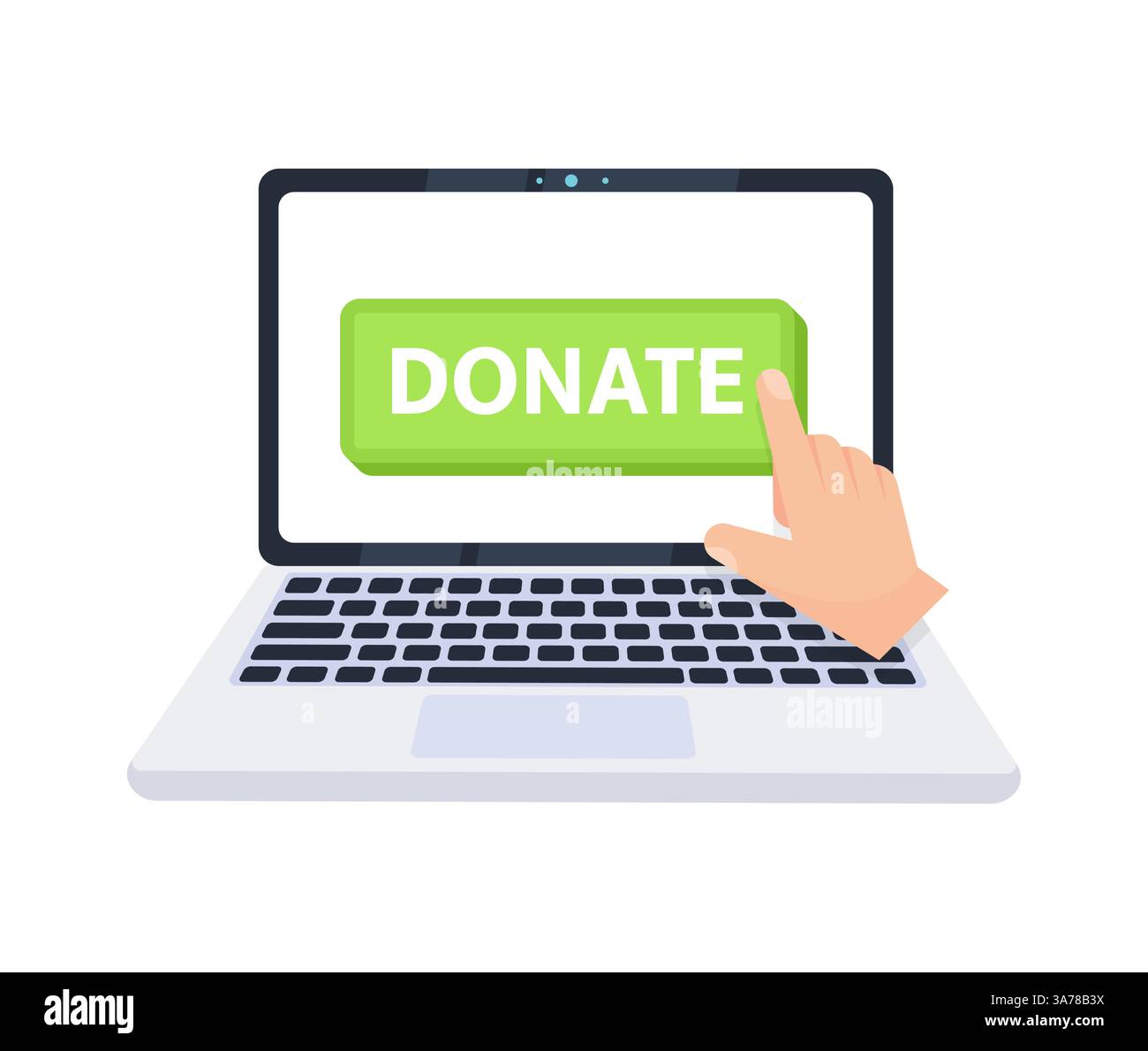 Hand pointer clicking on a donate button on a laptop screen. Vector illustration Stock Vector