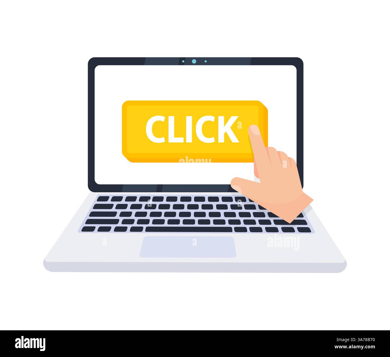 Hand pointer clicking on a click button on a laptop screen. Vector illustration Stock Vector
