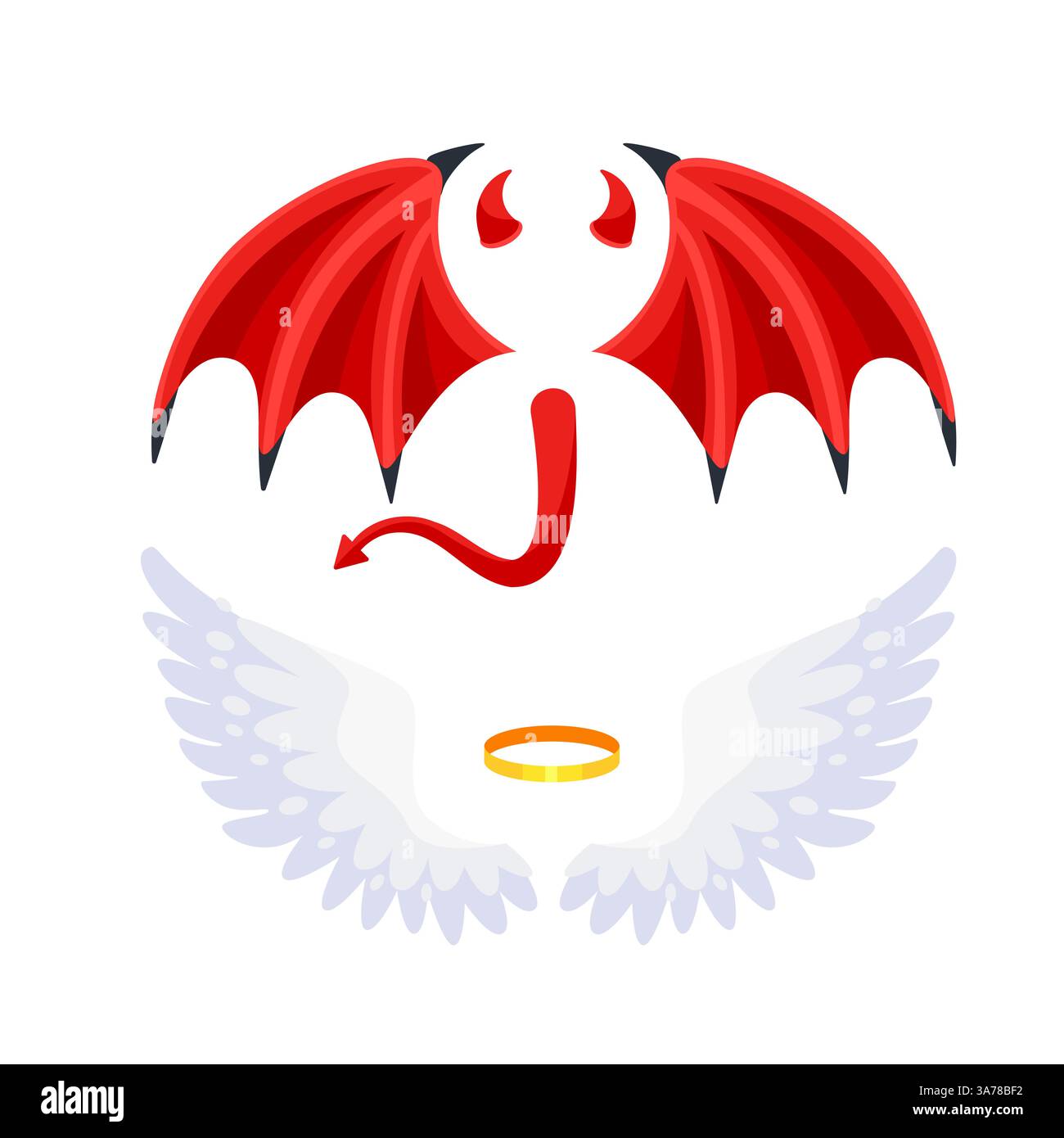 Halo and black devil wings with red daemon horns. Angel and devil. Good ...
