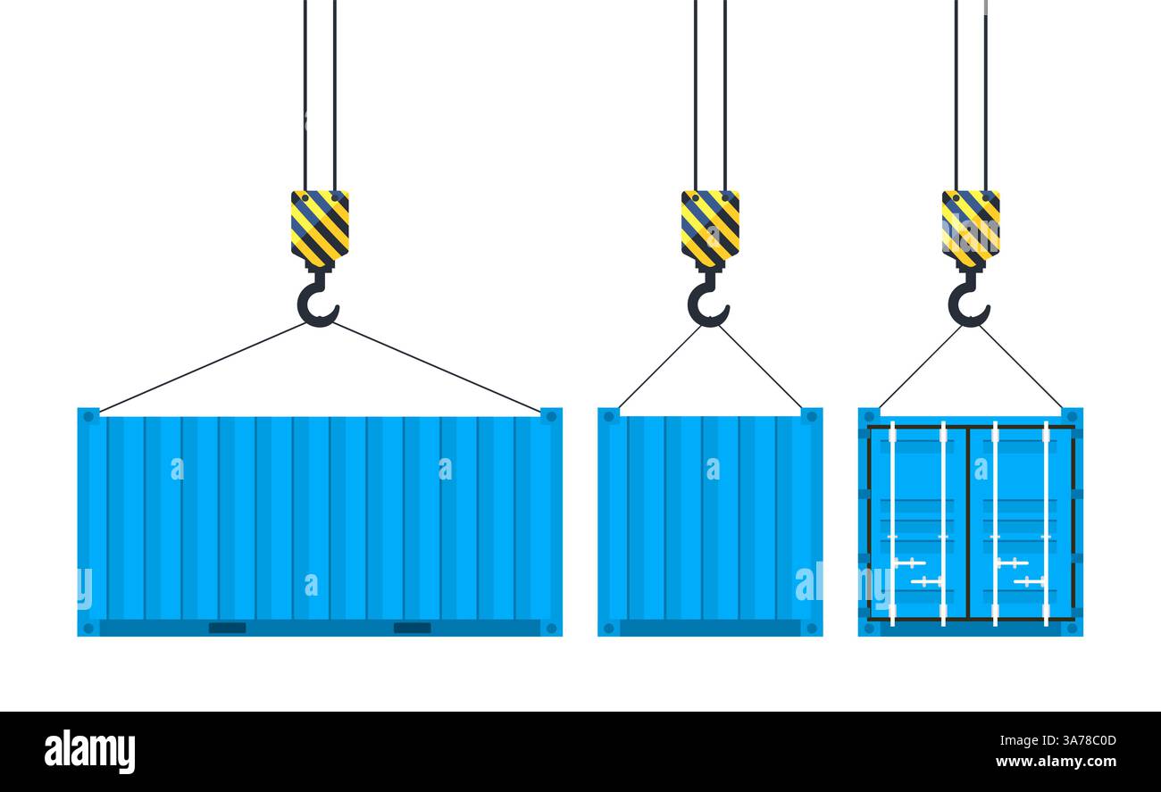 Cargo container hanging on a crane hook. Port crane. Worldwide delivery ...