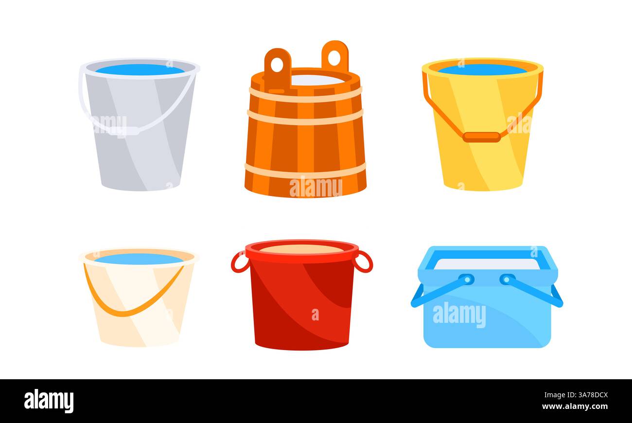 Buckets with water set. Trash bin container on white background Stock Vector