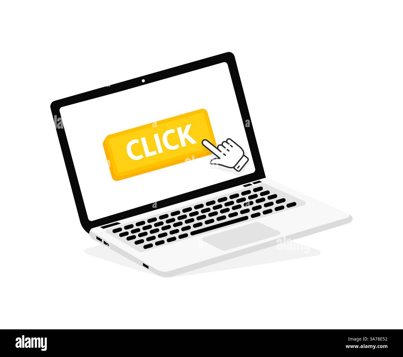 Click text on Laptop screen with a red button . Button with pointer ...