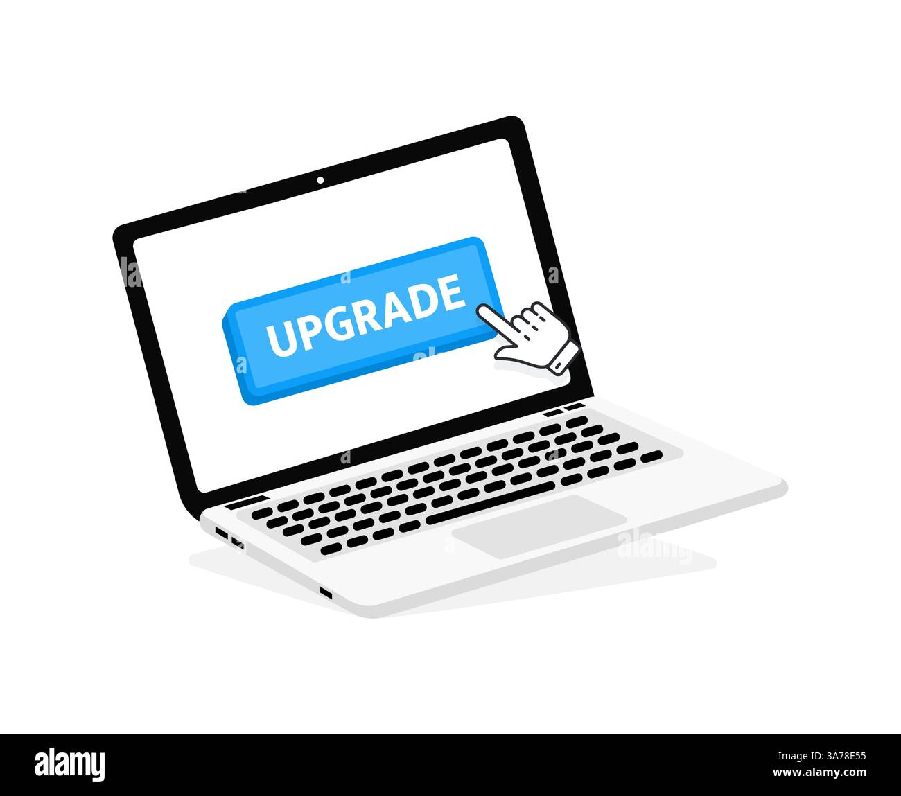 Upgrade text on Laptop screen with a red button . Button with pointer clicking. Finger Pressing Stock Vector