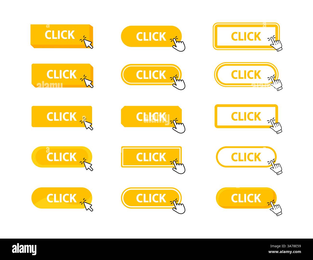 Click Button with pointer clicking. Web button. Finger Pressing. Click to Click here Concept. Vector illustration Stock Vector