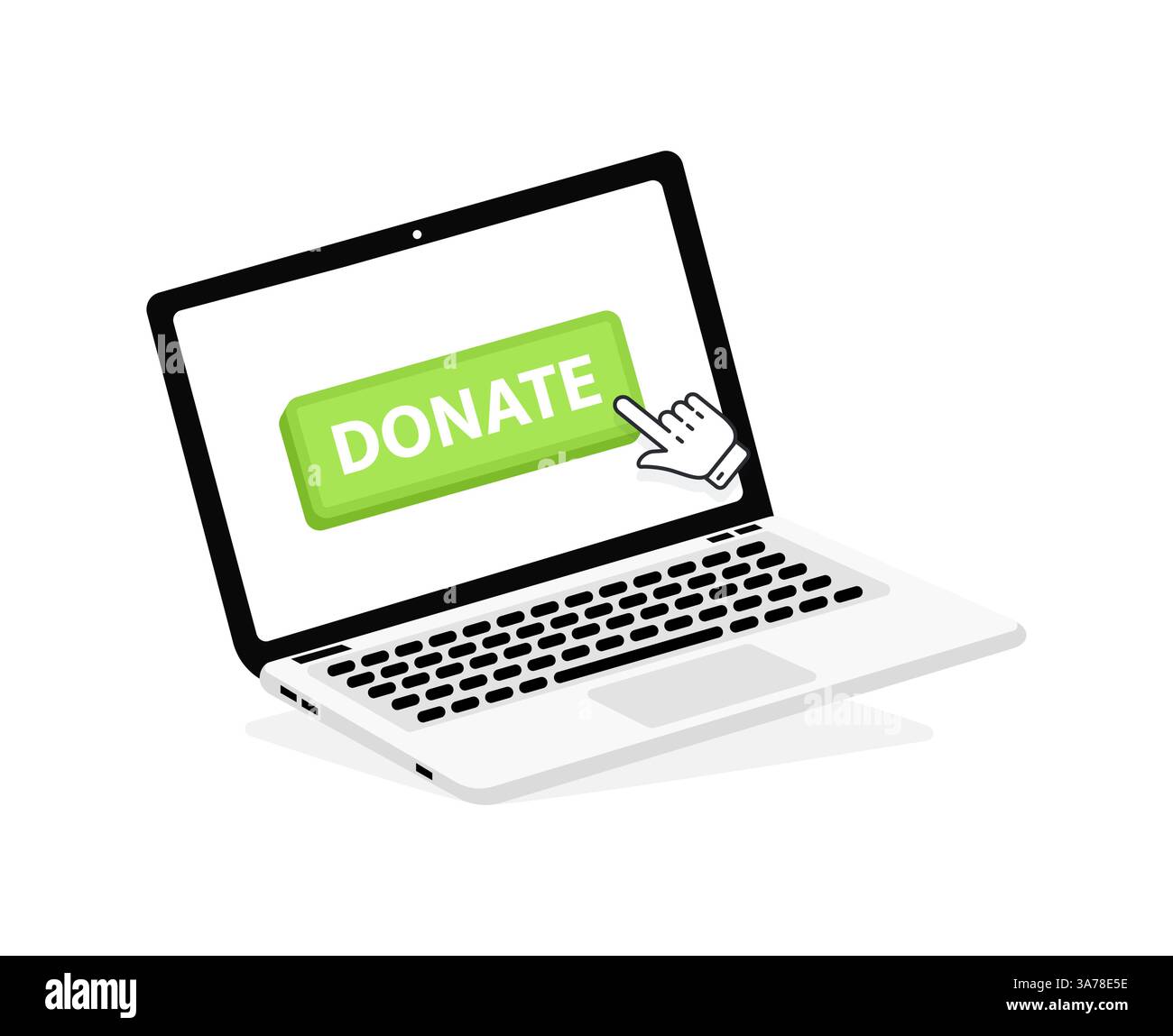 Donate text on Laptop screen with a red button . Button with pointer clicking. Finger Pressing Stock Vector