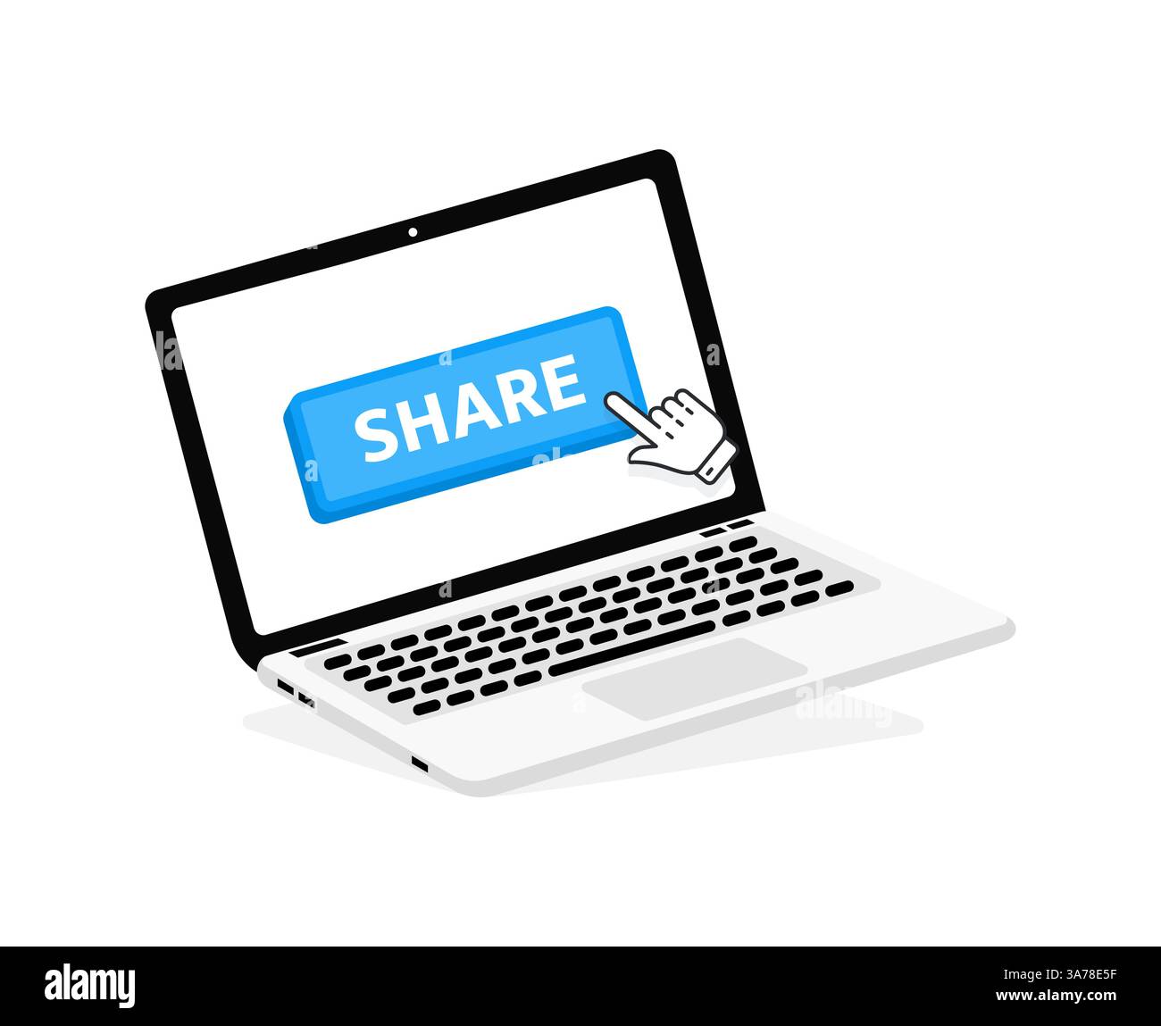 Share text on Laptop screen with a red button . Button with pointer clicking. Finger Pressing Stock Vector