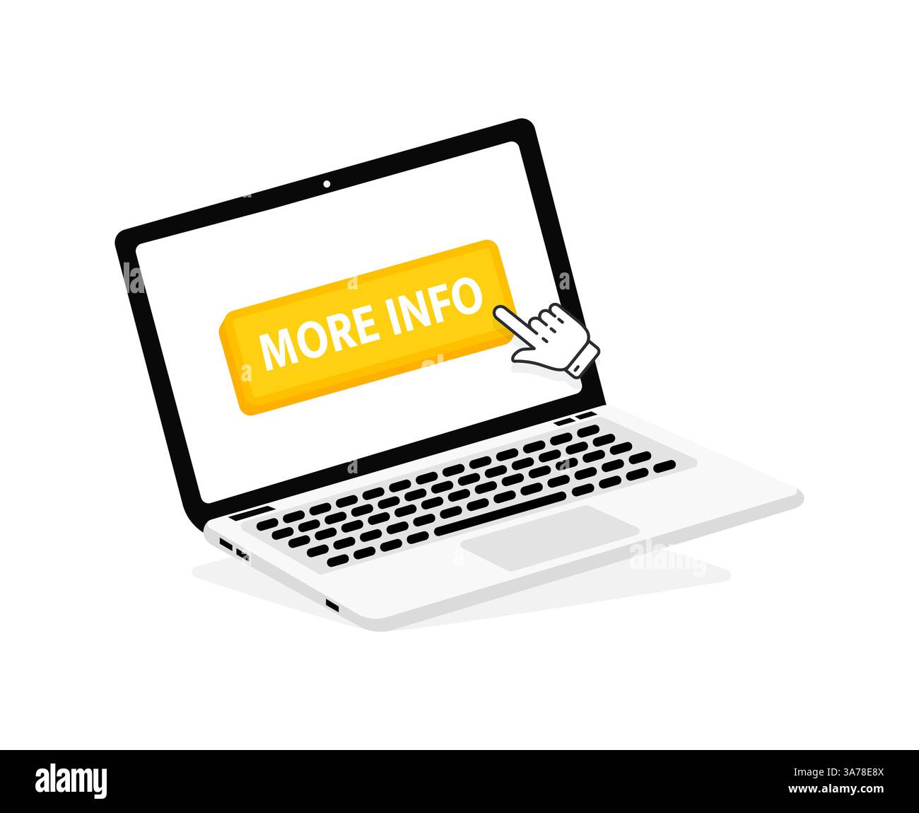 More info text on Laptop screen with a red button . Button with pointer clicking. Finger Pressing Stock Vector