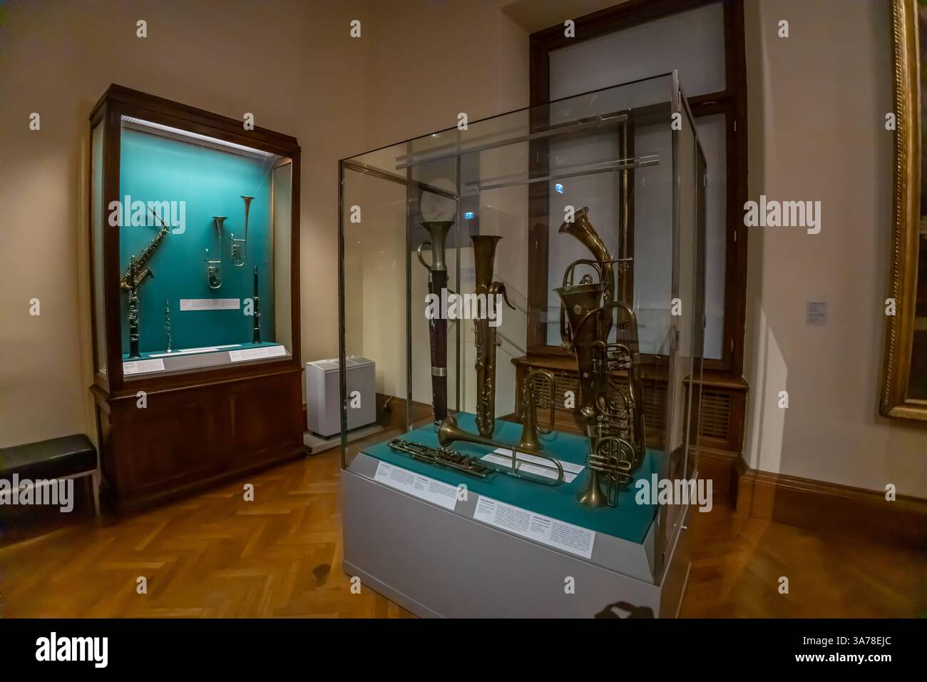 Musical instruments museum exhibition in the Welt museum in Vienna. Austria cultural heritage. Ancient music instruments collection in the museum hall Stock Photo