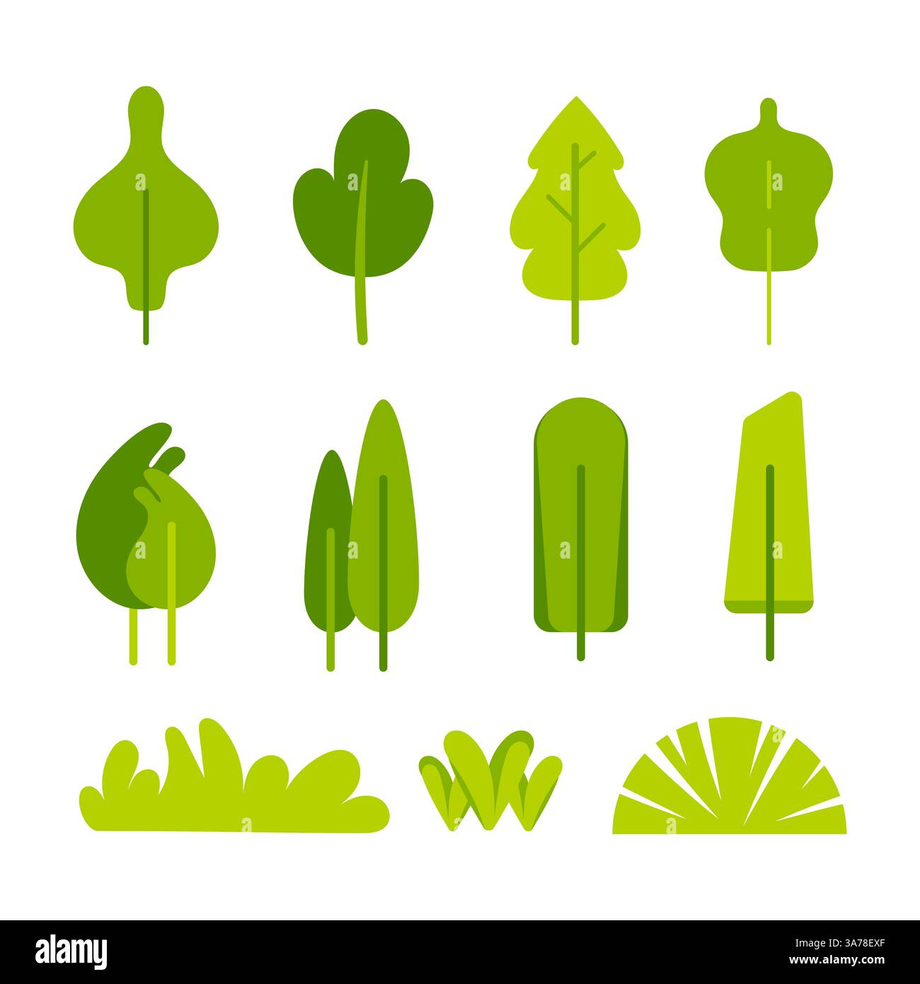 Collection of simple stylized green trees and bushes, perfect for ...