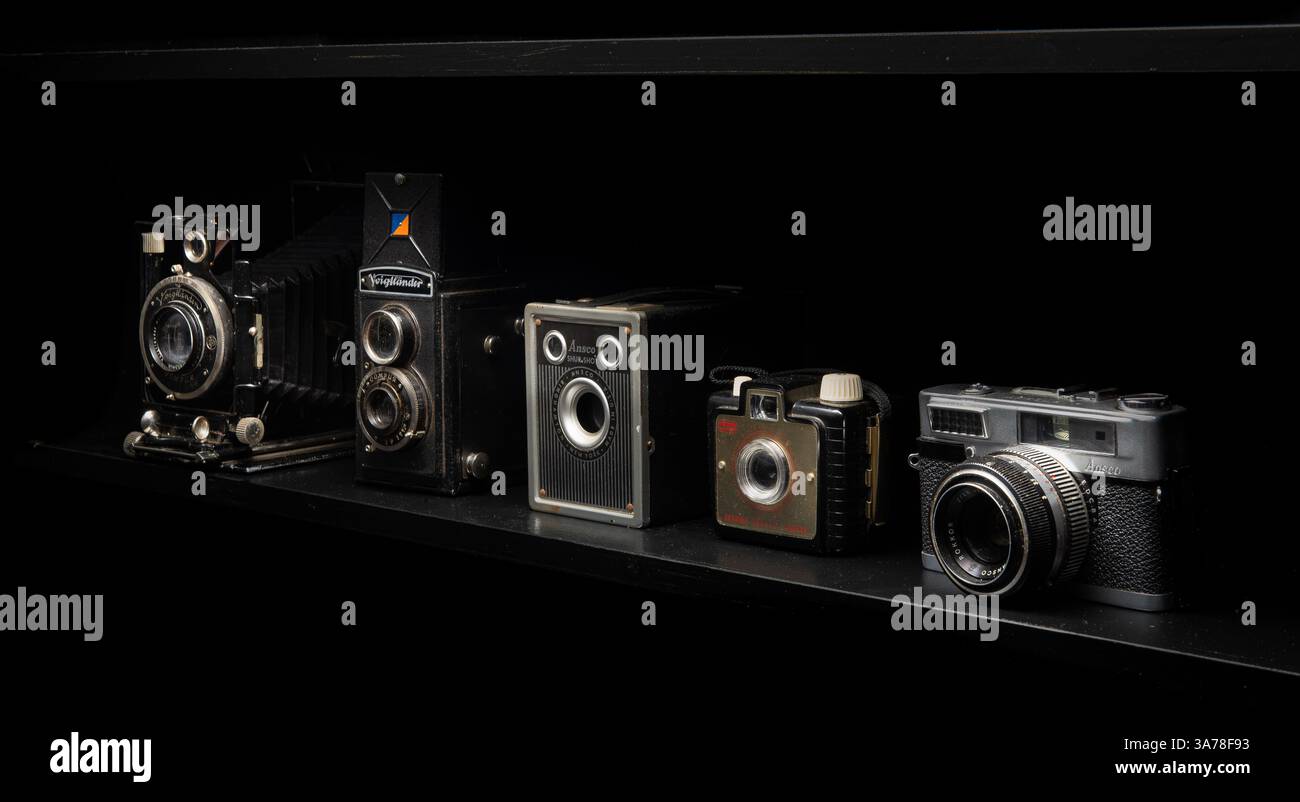 Old, vintage cameras on shelf. Stock Photo