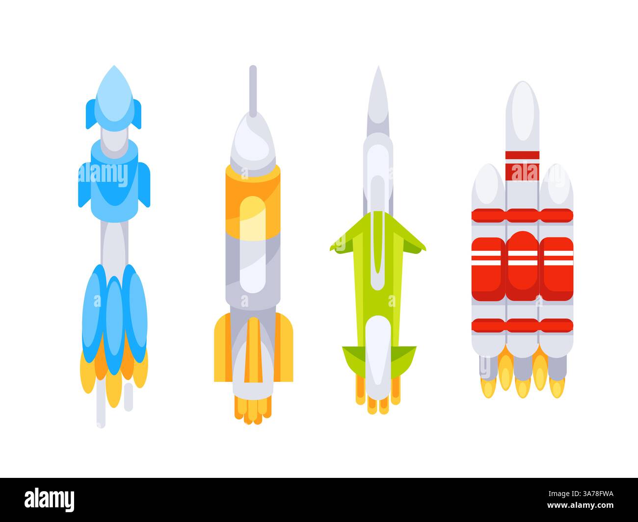 Featuring four different spacecraft models standing on launchpads and ready for take off Stock Vector