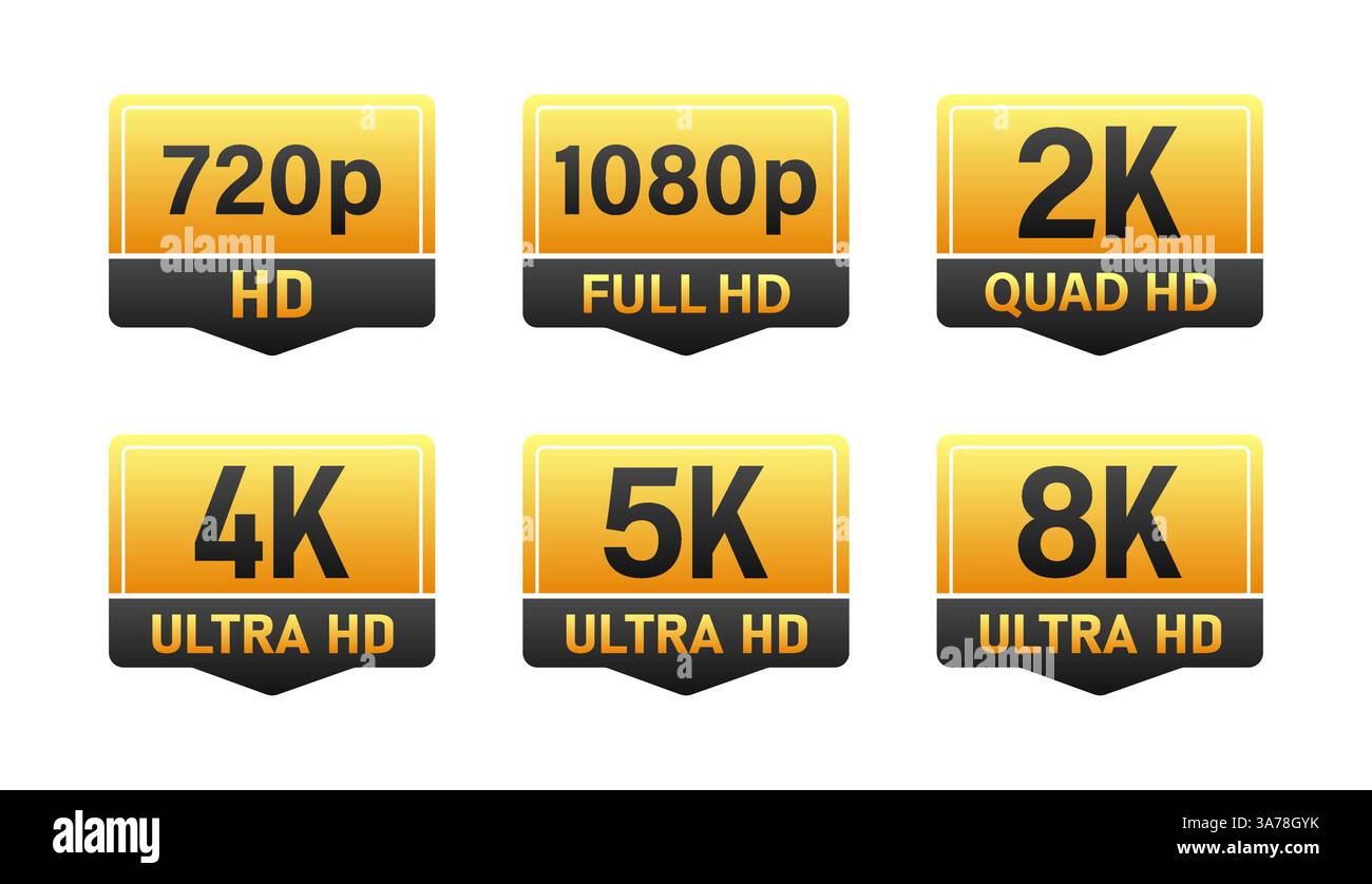 Set of gold and black icons indicating different video resolutions from 720p to 8k ultra hd Stock Vector