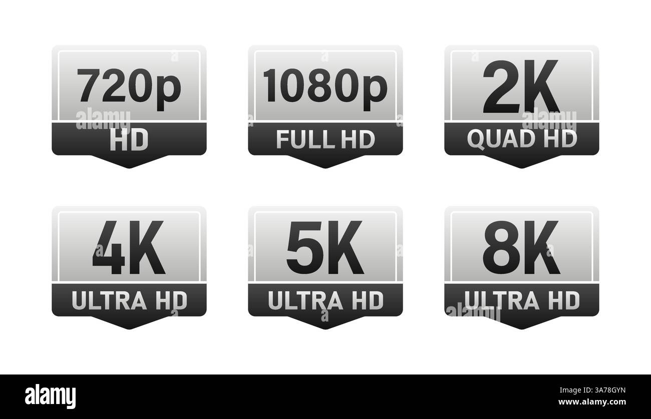 Set of modern glossy silver emblems showing video resolutions from hd to 8k standard Stock Vector