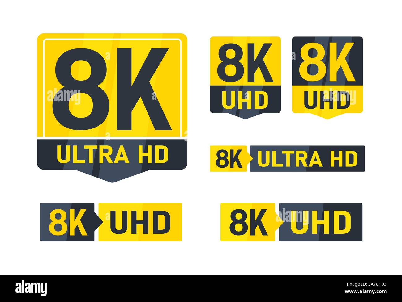 Set of yellow and black 8k ultra hd resolution tv screen stickers showing television display format Stock Vector