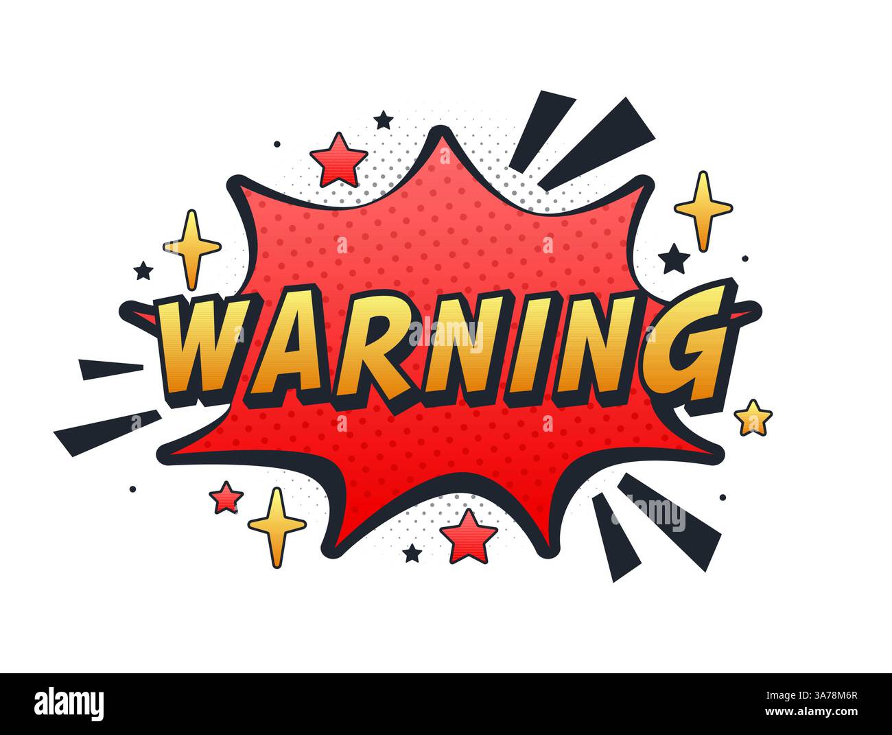 Warning comic speech bubble surrounded by stars and halftone pattern Stock Vector