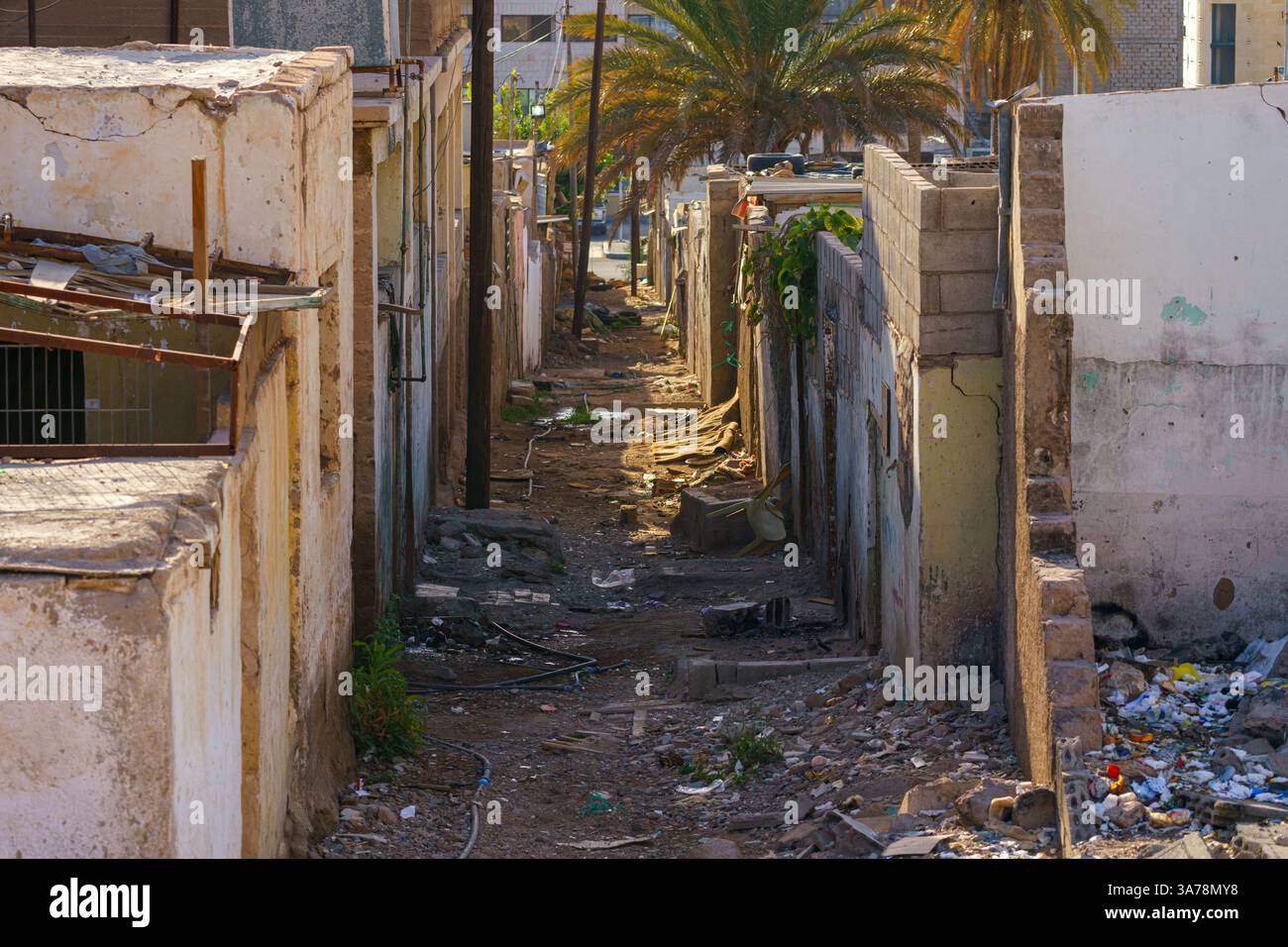 Jordan Slums Aqaba, Jordan, a panoramic view of abandoned slum street, at daytime ...