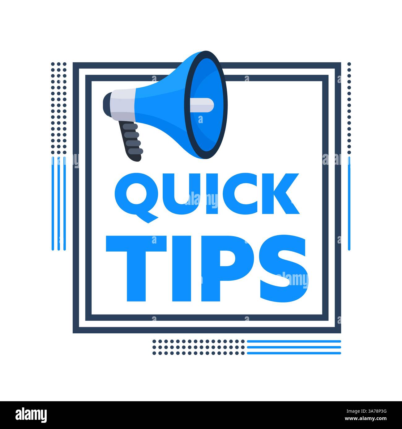 Megaphone Announcing Quick Tips inside a Square Frame Stock Vector