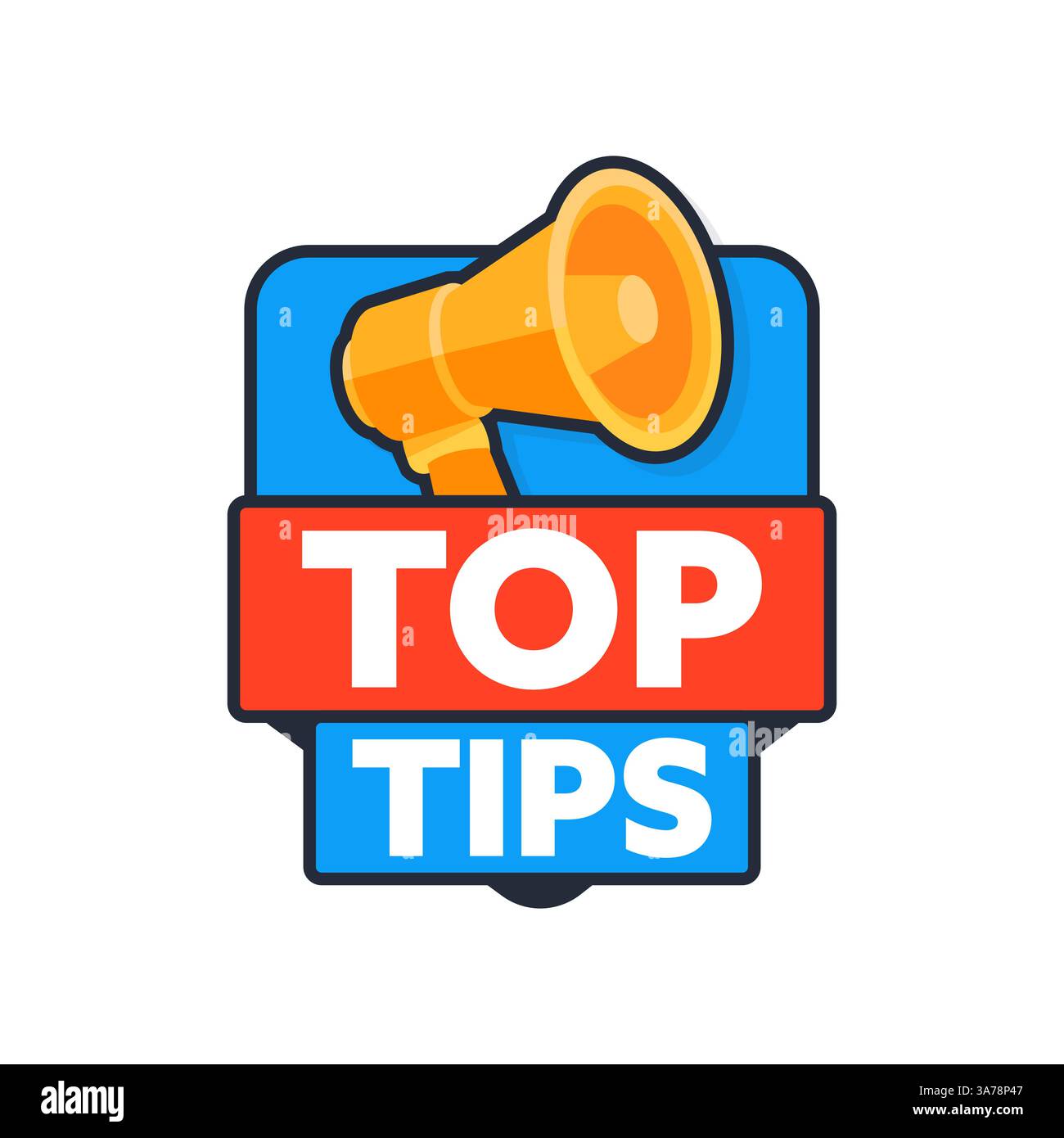Megaphone Announcing Top Tips inside a Badge Stock Vector