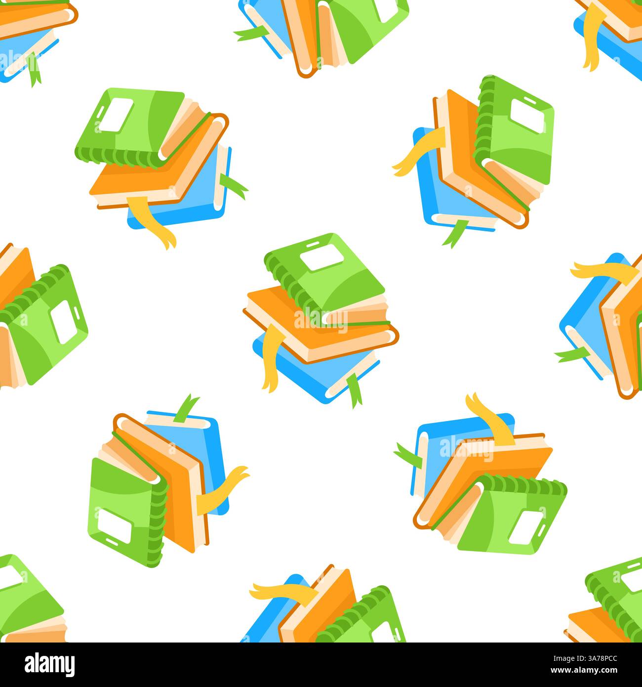 Seamless pattern of colorful books with bookmarks forming stacks promoting reading and education Stock Vector