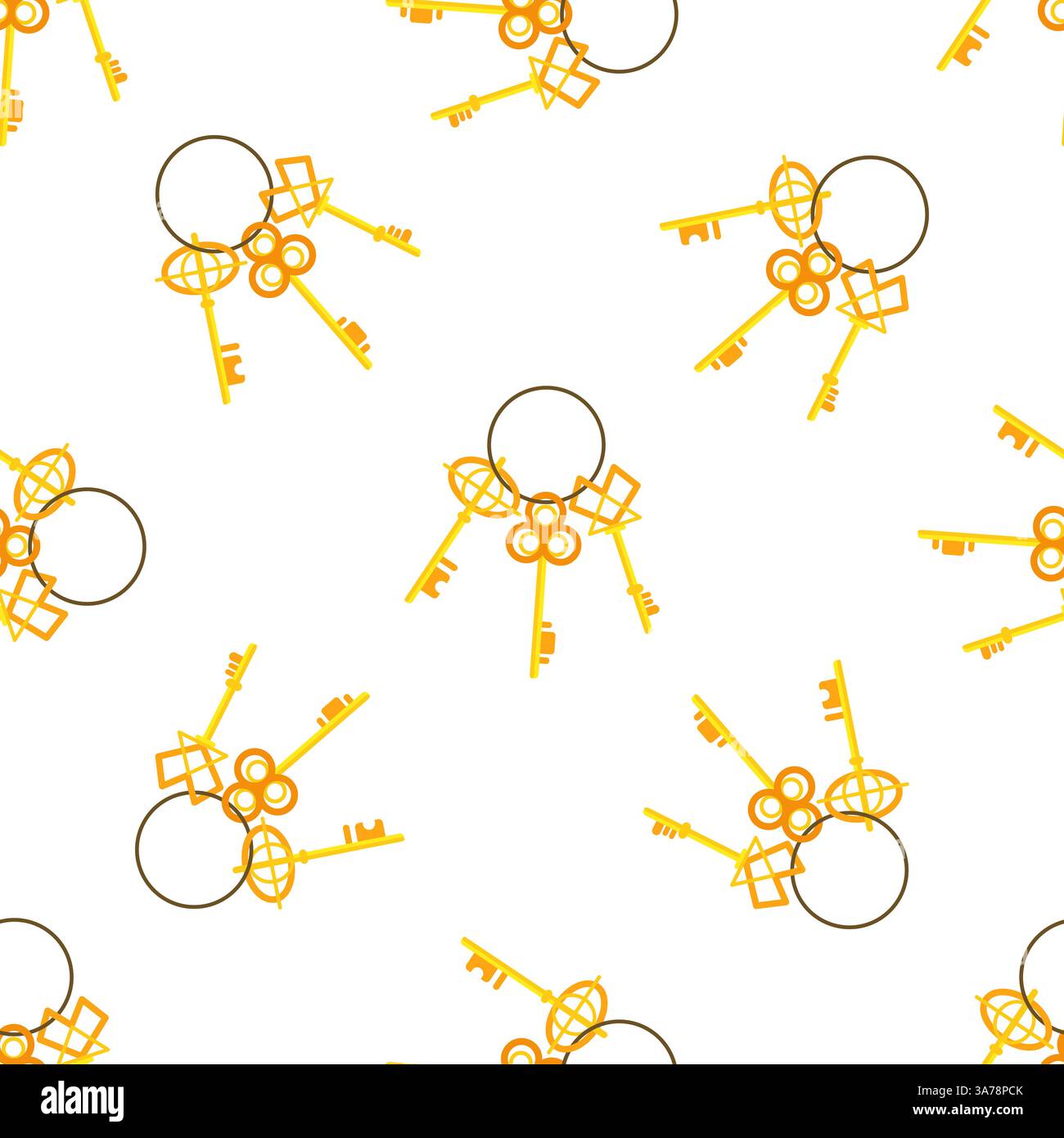 Golden Keys on Ring Seamless Pattern on White Background Stock Vector